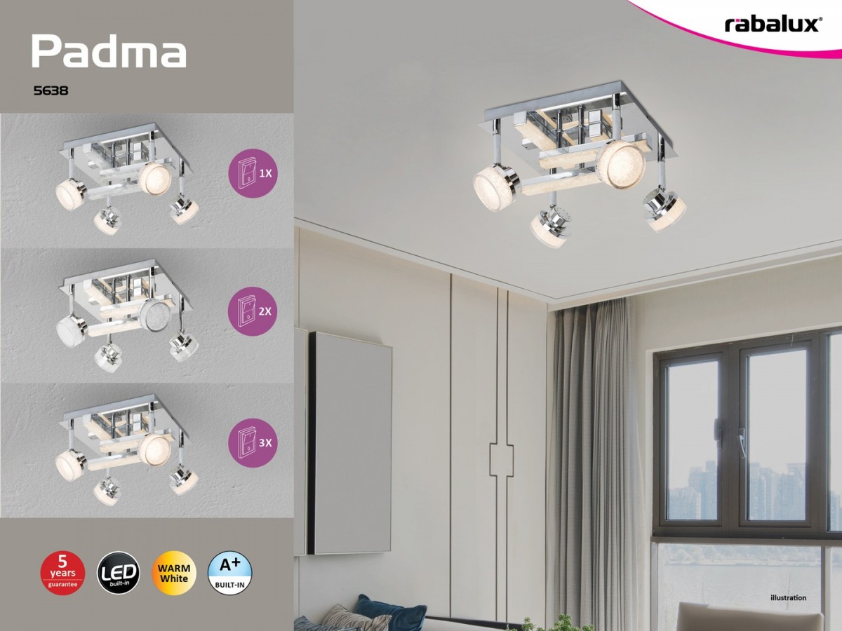 Rabalux 5638 LED stropné bodové svietidlo Padma 4x5W a 12W | 3000K ...