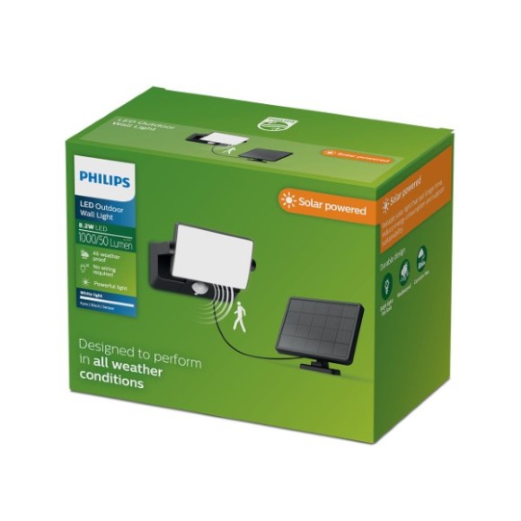 Philips 8721103105653 LED solárne vonkajšie nástenné svietidlo Fyns  | 8W integrovaný LED zdroj | 1000lm | 3000K | čierna