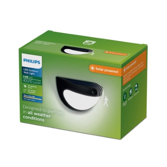 Philips 8721103105554 LED solárne vonkajšie nástenné svietidlo Swyn  | 4W integrovaný LED zdroj | 400lm | 2700K | čierna