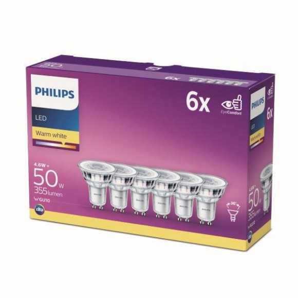 Philips 8718696586013 LED sada filaentových žiaroviek 6x4,6W-50W | GU10 | 355L | 2700K - set 6ks
