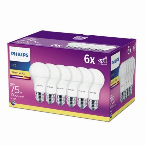 Philips 8718696586297 6x LED žiarovka 11w | E27 | 2700K - six pack, EYECOMFORT