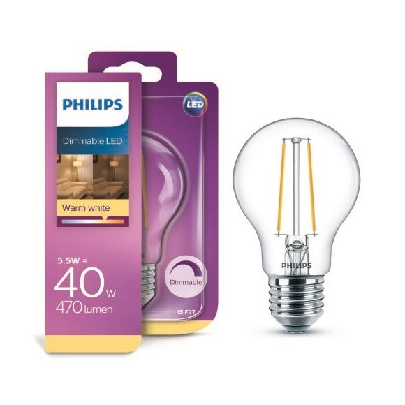 Philips LED žiarovka Classic 1X5.5W / 40W | E27 | 470lm | 2700k - stmievateľná, priesvitná