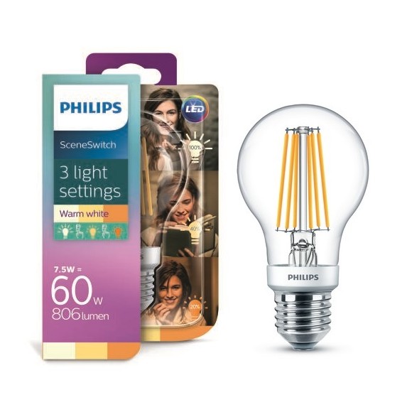 Philips8718696743096 LED žiarovka Classic 1,6-3-7,5W | E27 | 2200-2500-2700K - funkcia SceneSwitch