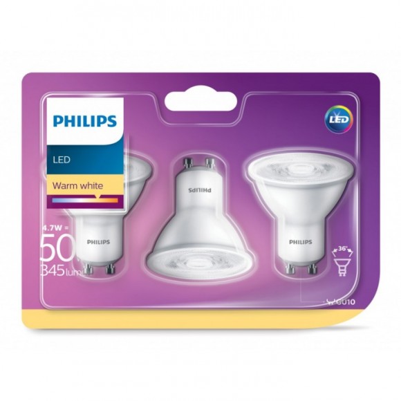 Philips 8718696761304 3x LED žiarovka 4,7W | GU10 | 2700K - sada žiaroviek