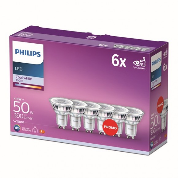 Philips 8718696764657 LED žiarovky 6x4,6W / 50W | GU10 | 390lm | 4000K | 36D | PAR16 - set 6 ks