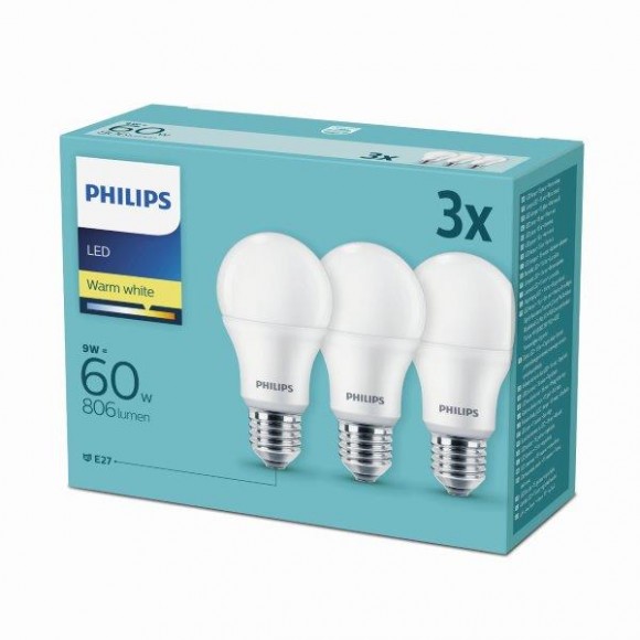 Philips 8718696828199 3x LED žiarovka 1X9W | E27 | 2700K - triple pack