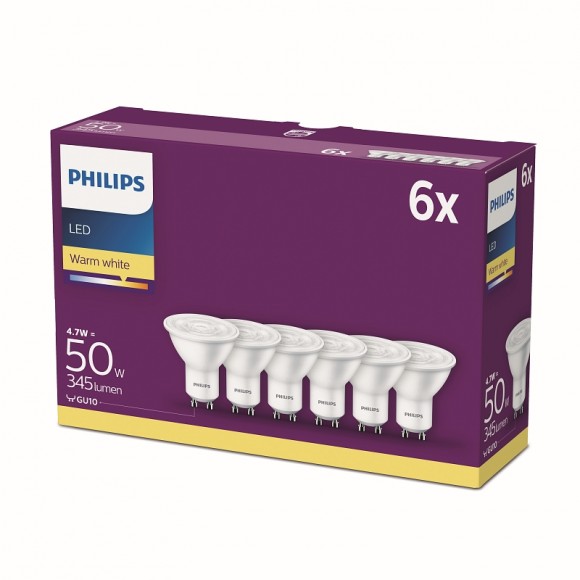 Philips 8718696829950 6x LED žiarovka 4,7W | GU10 | 2700K - sada žiaroviek
