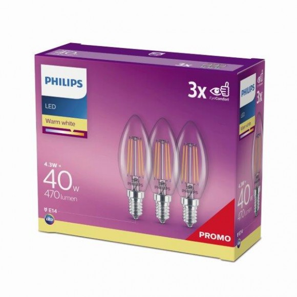 Philips 8718699612337 3x LED žiarovka Classic 1x4,3W | E14 | 2700K - triple pack, EYECOMFORT