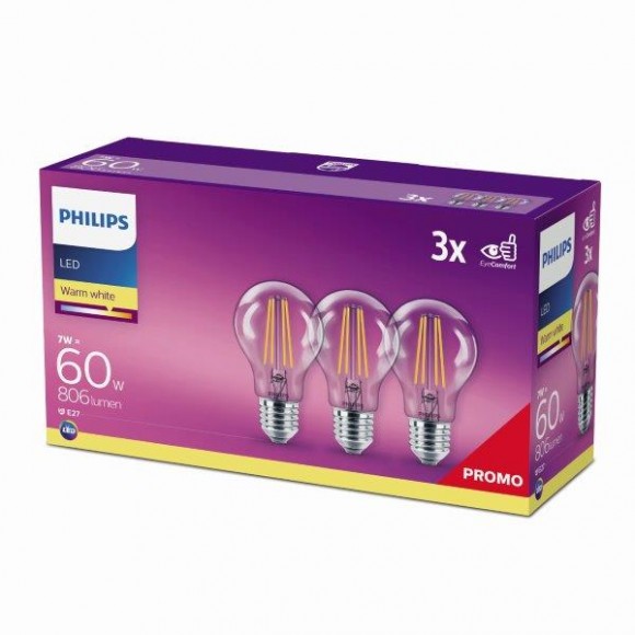 Philips 8718699665081 3x LED žiarovka Classic 1x7W | E27 | 2700K - triple pack, EYECOMFORT