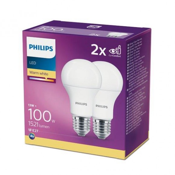 Philips 8718699669430 2x LED žiarovka 1x13W | E27 | 2700K - double pack, EYECOMFORT