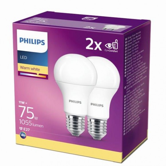 Philips 8718699726973 2x LED žiarovka 1x11W | E27 | 2700K - double pack, EYECOMFORT