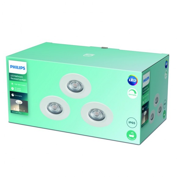 Philips Dive SL261 LED kúpeľňové zápustné bodové svietidlo 1x5W | 350lm | 2700K | IP65 - set 3 ks, stmievateľné, ochrana EyeComfort, biela