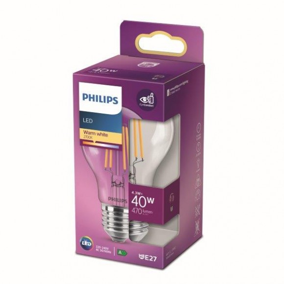 Philips 8718699761998 LED žiarovka 1x4,3W | E27 | 470lm | 2700K - teplá biela, číra, EyeComfort