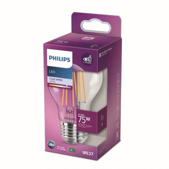Philips 8718699762032 LED žiarovka 1x8,5W | E27 | 1055lm | 4000K - studená biela, číra, EyeComfort