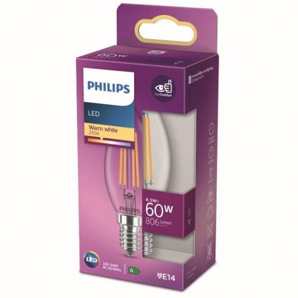 Philips 8718699762193 LED žiarovka 1x6,5W | E14 | 806lm | 2700K - teplá biela, číra, EyeComfort