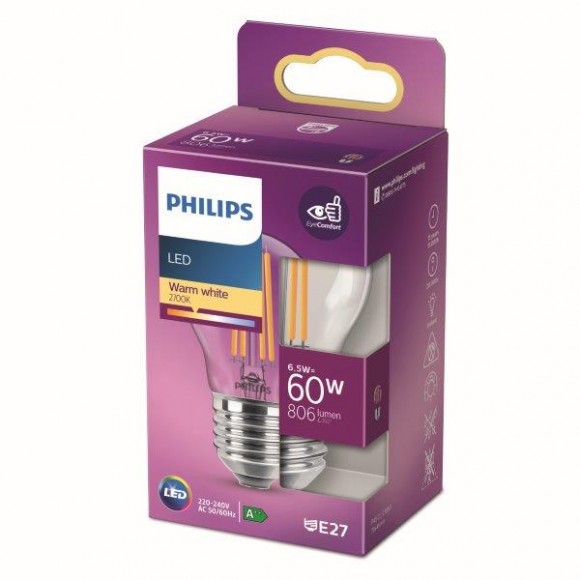 Philips 8718699762315 LED žiarovka 1x6,5W | E27 | 806lm | 2700K - teplá biela, číra, EyeComfort