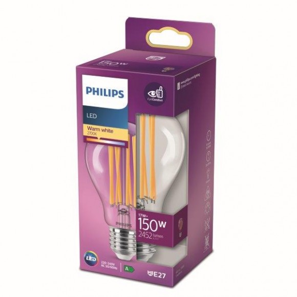Philips 8718699762377 LED žiarovka 1x17W | E27 | 2452lm | 2700K - teplá biela, číra, EyeComfort