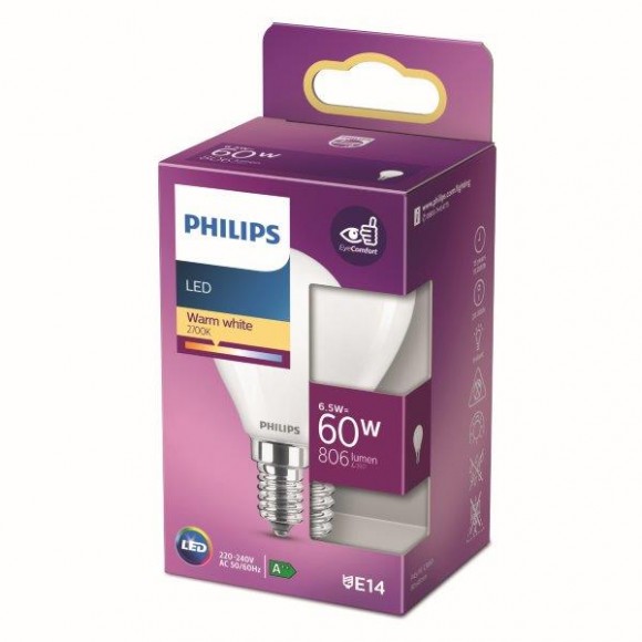 Philips 8718699762834 LED žiarovka 1x6,5W | E14 | 806lm | 2700K - teplá biela, matná biela, EyeComfort