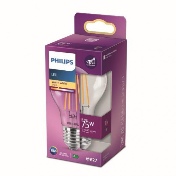 Philips 8718699762995 LED žiarovka 1x8,5W | E27 | 1055lm | 2700K - teplá biela, číra, EyeComfort