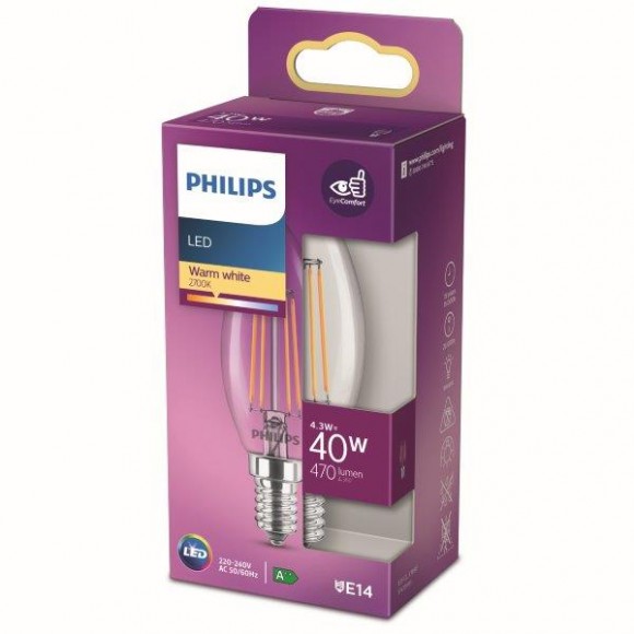 Philips 8718699763077 LED žiarovka 1x4,3W | E14 | 470lm | 2700K - teplá biela, číra, EyeComfort