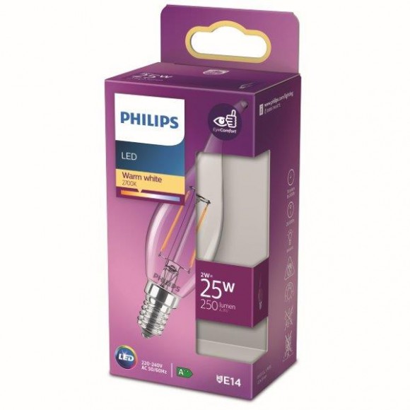 Philips 8718699763190 LED žiarovka 1x2W | E14 | 250lm | 2700K - teplá biela, číra, EyeComfort