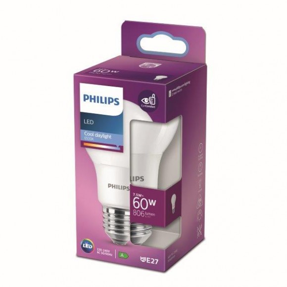 Philips 8718699769321 LED žiarovka 1x7,5W | E27 | 806lm | 6500K - studené denné svetlo, matná biela, EyeComfort