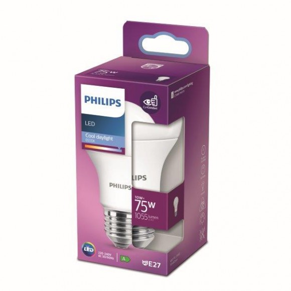 Philips 8718699769369 LED žiarovka 1x10W | E27 | 1055lm | 6500K - studené denné svetlo, matná biela, EyeComfort