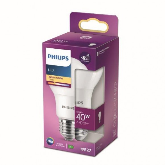 Philips 8718699769581 LED žiarovka 1x5,5W | E27 | 470lm | 2700K - teplá biela, matná biela, EyeComfort