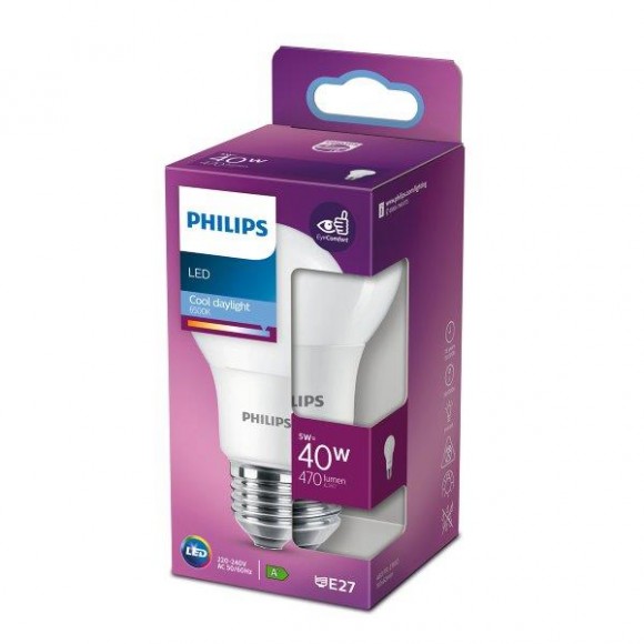 Philips 8718699769901 LED žiarovka 1x5W | E27 | 470lm | 6500K - studené denné svetlo, matná biela, EyeComfort