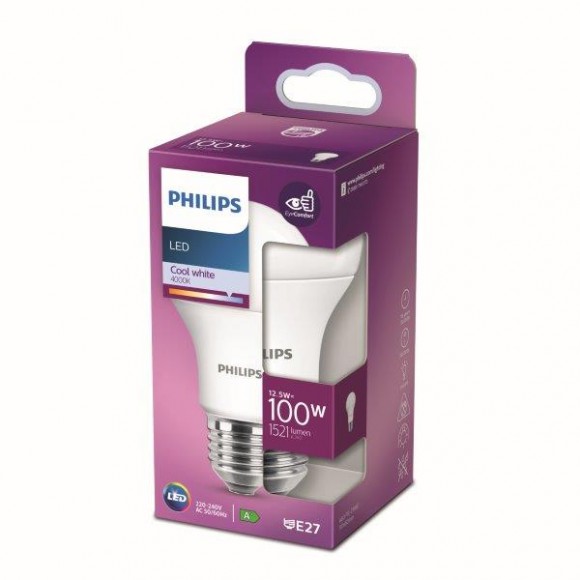 Philips 8718699769925 LED žiarovka 1x12,5W | E27 | 1521lm | 4000K - studená biela, matná biela, EyeComfort