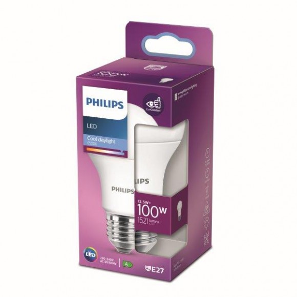 Philips 8718699769963 LED žiarovka 1x12,5W | E27 | 1521lm | 6500K - studené denné svetlo, matná biela, EyeComfort