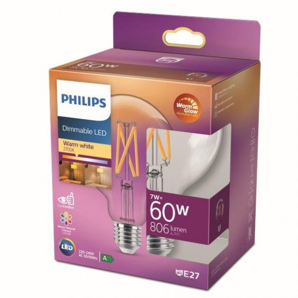 Philips 8718699770488 LED žiarovka 1x7W | E27 | 806lm | 2200-2700K - Warm Glow, stmievateľná, číra, EyeComfort
