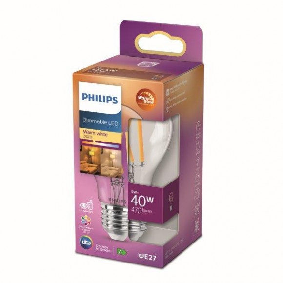Philips 8718699770525 LED žiarovka 1x5W | E27 | 470lm | 2200-2700K - Warm Glow, stmievateľná, číra, EyeComfort