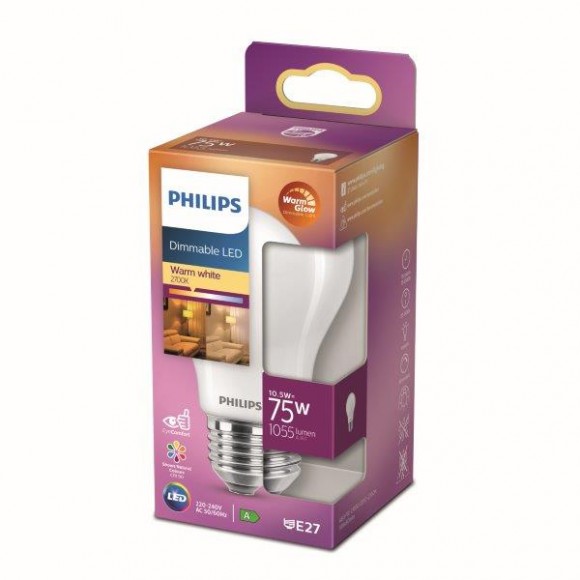 Philips 8718699770921 LED žiarovka 1x10,5W | E27 | 1055lm | 2200-2700K - Warm Glow, stmievateľná, matná biela, EyeComfort
