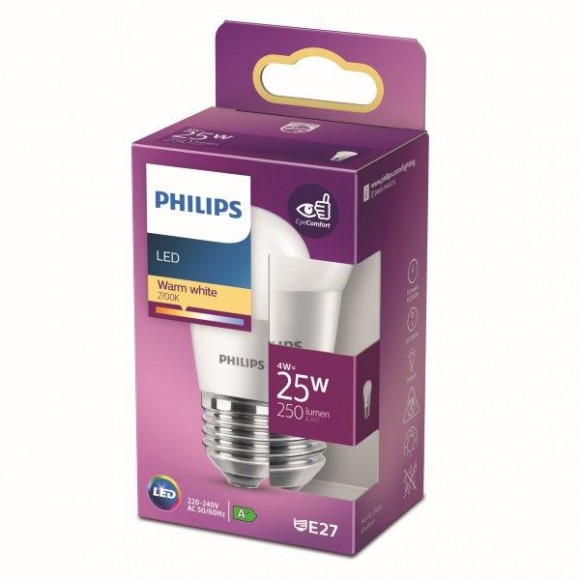 Philips 8718699771751 LED žiarovka 1x4W | E27 | 250lm | 2700K - teplá biela, matná biela, EyeComfort