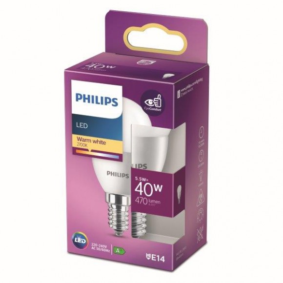 Philips 8718699771775 LED žiarovka 1x5,5W | E14 | 470lm | 2700K - teplá biela, matná biela, EyeComfort