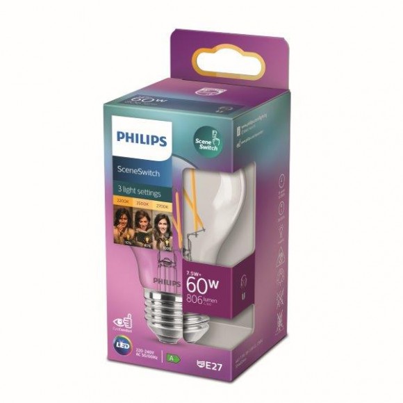 Philips 8718699772130 LED žiarovka 1x7,5 / 3 / 1,6W | E27 | 806lm | 2200K-2500-2700K - 3 svetelné módy, číra, Eyecomfort