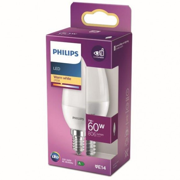 Philips 8718699772215 LED žiarovka 1x7W | E14 | 806lm | 2700K - teplá biela, matná biela, Eyecomfort