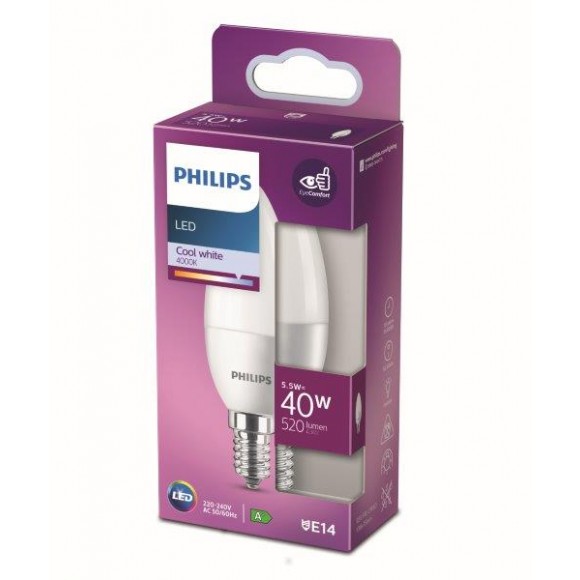 Philips 8718699772673 LED žiarovka 1x5,5W | E14 | 520lm | 4000K - studená biela, matná biela, Eyecomfort