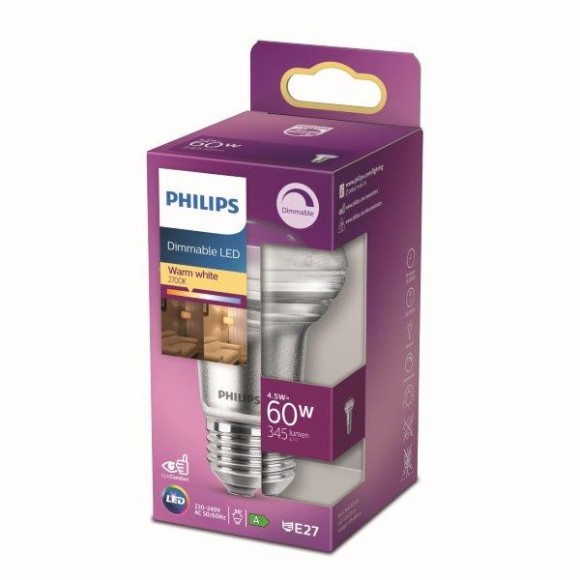 Philips 8718699773830 LED žiarovka 1x4,5W | E27 | 345lm | 2700K - teplá biela, stmievateľná, Eyecomfort