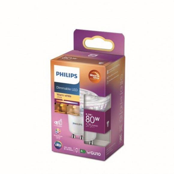 Philips 8718699774097 LED žiarovka 1x6,2W | GU10 | 575lm | 2200-2700K - Warm Glow, bodová, stmievateľná, Eyecomfort