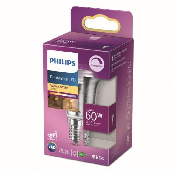 Philips 8718699774219 LED žiarovka 1x4,3W | E14 | 320lm | 2700K - teplá biela, stmievateľná, Eyecomfort