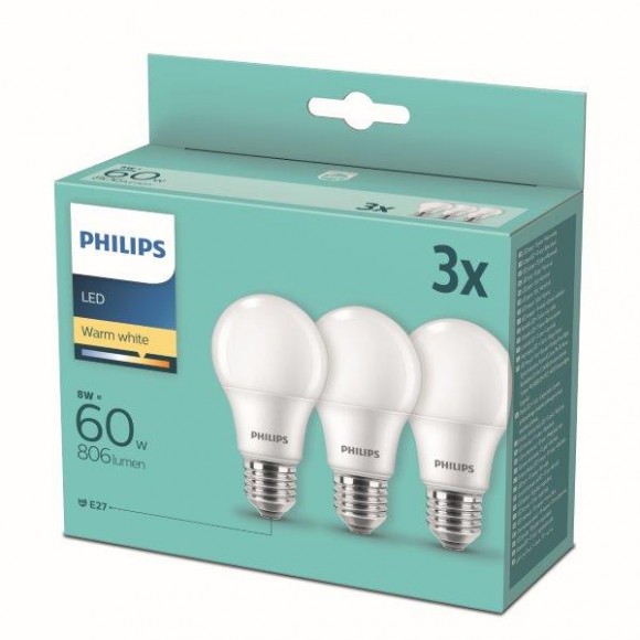 Philips 8718699775490 LED sada žiaroviek 3x8W-60W | E27 | 806lm | 2700K - set 3ks, biela