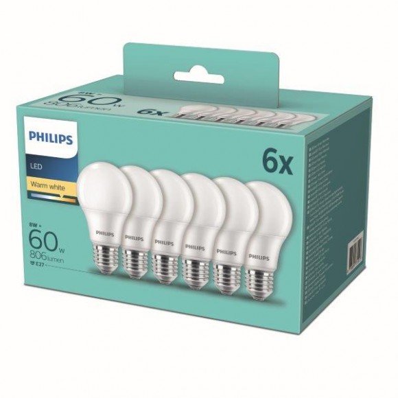 Philips 8718699775513 LED sada žiaroviek 6x8W-60W | E27 | 806lm | 2700K - set 6ks, biela