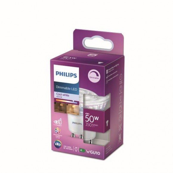 Philips 8718699775995 LED žiarovka 1x4W | GU10 | 350lm | 4000K - studená biela, bodová, Eyecomfort