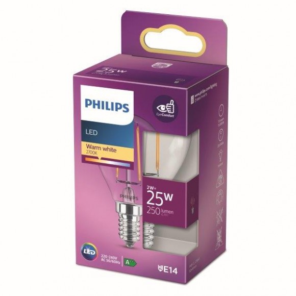 Philips 8718699777555 LED žiarovka 1x2W | E14 | 250lm | 2700K - teplá biela, číra, Eyecomfort