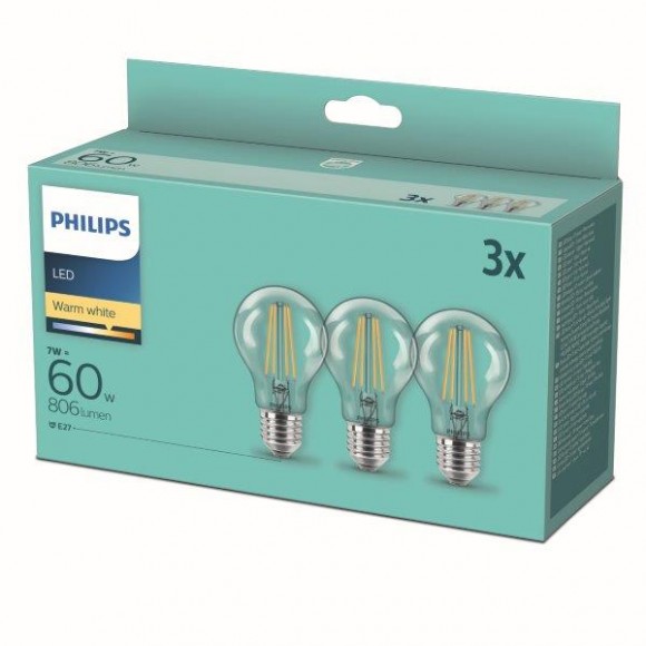 Philips 8718699777777 LED sada filamentových žiaroviek 3x7W-60W | E27 | 806lm | 2700K - set 3ks, číra