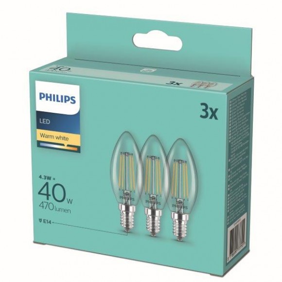 Philips 8718699777791 LED sada filamentových žiaroviek 3x4,3W-40W | E14 | 470lm | 2700K - set 3 ks, sviečka, číra