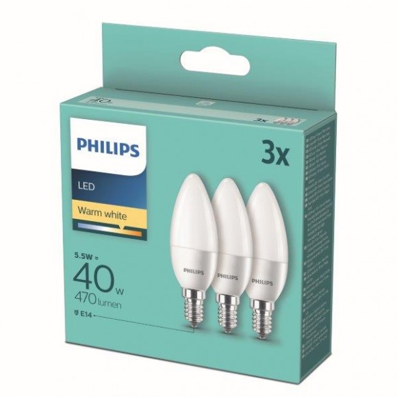 Philips 8718699777814 LED sada žiaroviek 3x5,5W-40W | E14 | 470lm | 2700K - set 3ks, sviečka, biela