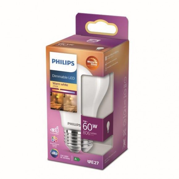 Philips 8718699780111 LED žiarovka 1x7W | E27 | 806lm | 2200K - Warm Glow, stmievateľná, matná biela, Eyecomfort